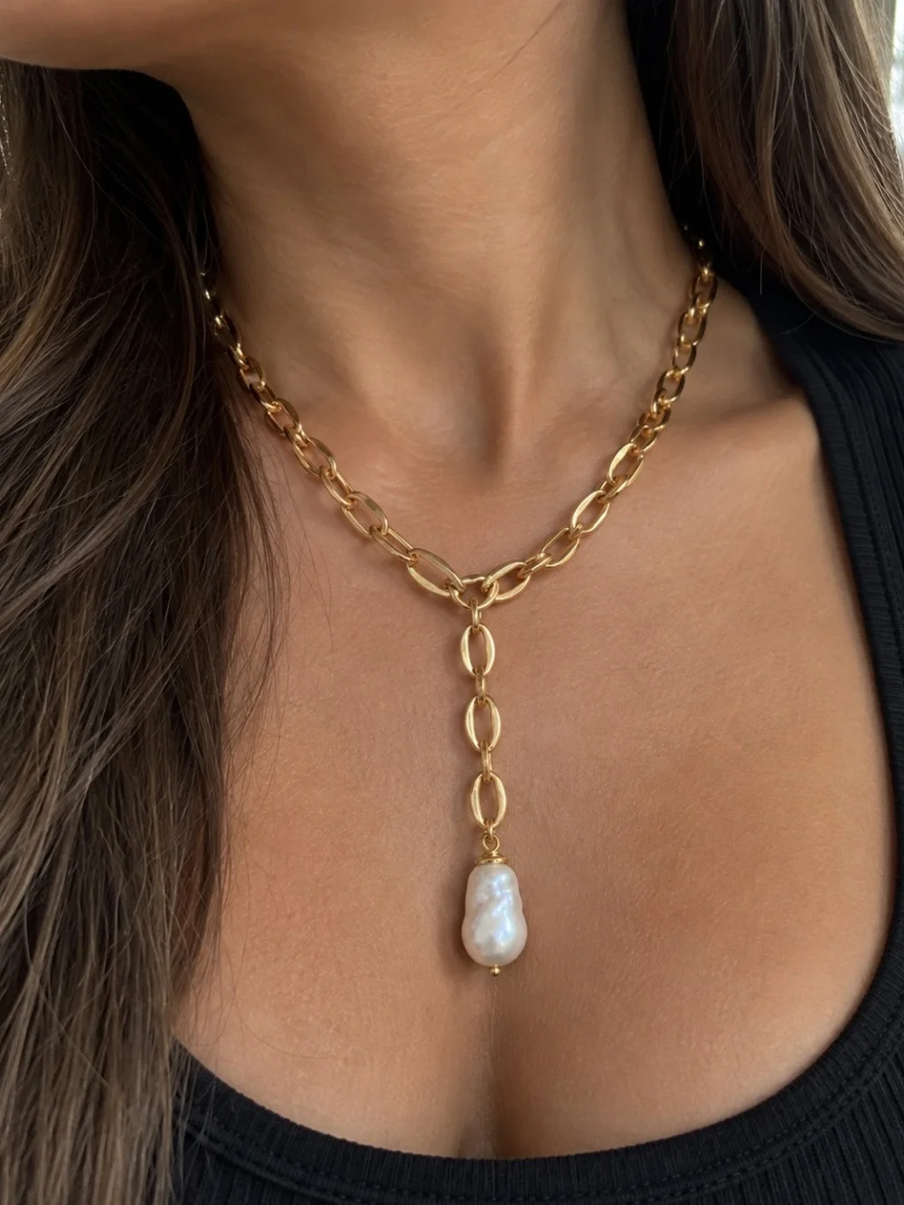 18K Gold Baroque Freshwater Pearl Y Drop Lariat Chain Necklace 20in Genuine PRL